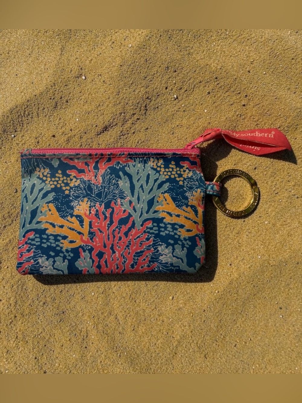 Simply Southern Coastal Preppy Coral Print Pouch Zip ID Wallet Keychain